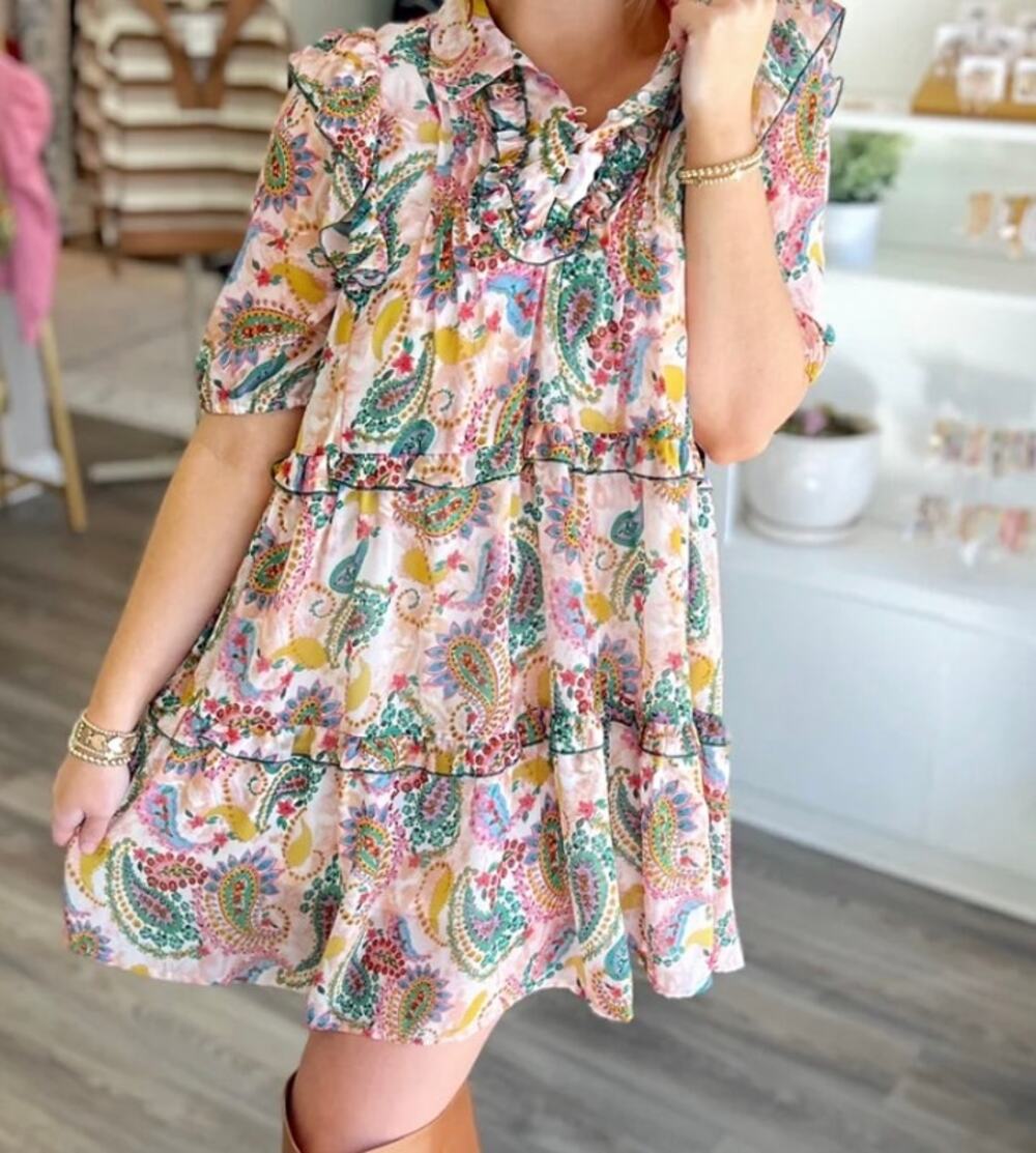 Floral paisley printed mini dress with short puff sleeves and stitched details